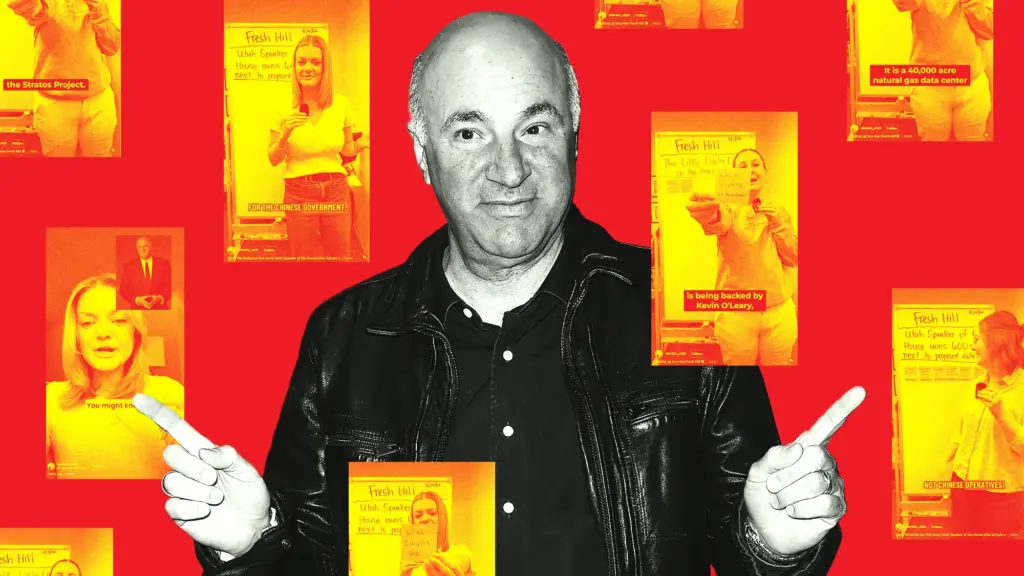 Photo collage showing Kevin O'Leary with both hands up and fingers pointing at the screenshots of social media posts surrounding him.