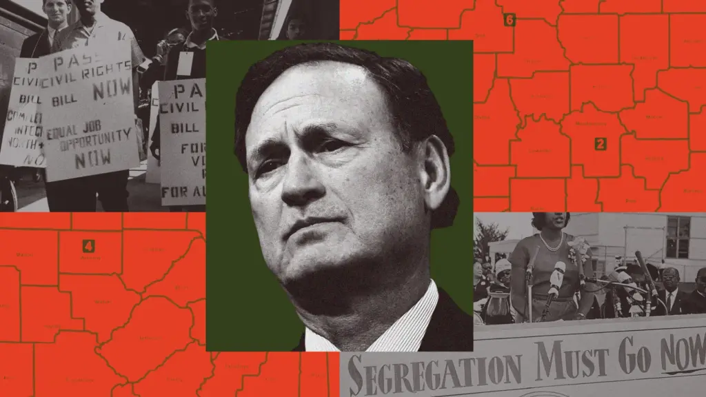 Photo collage featuring Supreme Court Justice Samuel Alito, congressional redistriciting maps, and archival photos from the Civil Rights Movement.