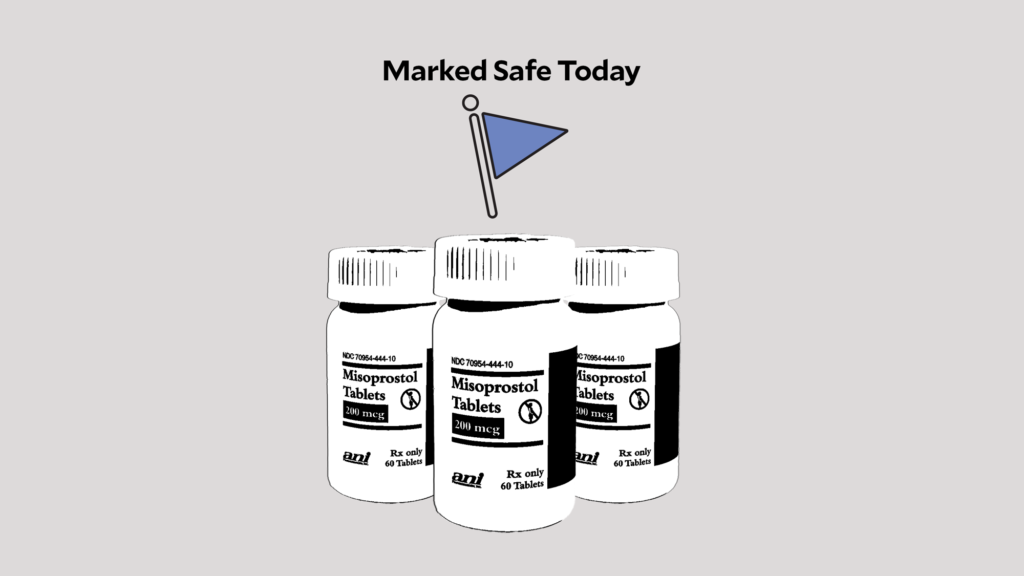 A photo illustration of three bottles of Misoprostol Tablets that have a purple flag above them. The words above the flag read 
