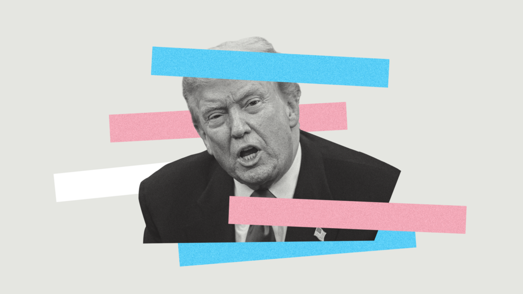 A photo collage of Donald Trump, seen from the chest up, in suit and tie, apparently speaking forcefully. He is situated among chaotically broken-up bars of the transgender flag, which are light blue, pink, and white.