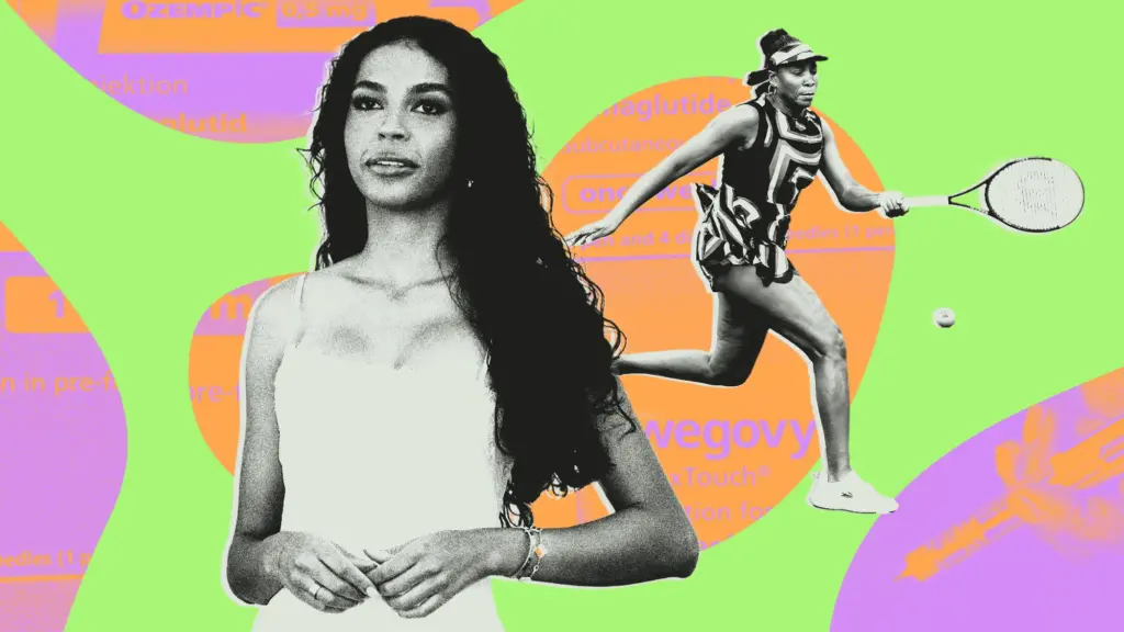 Photo collage featuring influencer Layla Taylor from The Secret Lives of Mormon Wives reality show series, Serena Williams playing tennis, and clippings from GPL1 medication packaging in the background.