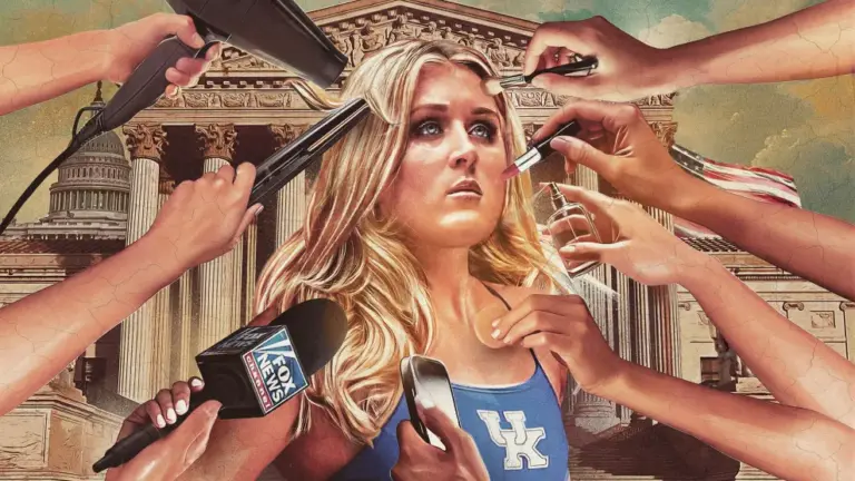 A photo illustration of a young woman with long blond hair standing in front of the U.S. Supreme Court building wearing a blue University of Kentucky swimmer’s uniform. Multiple hands surround her, holding beauty tools—a blow dryer, hair straightener, makeup brushes, a compact sponge, and a spray bottle—while another hand holds a phone and another holds a Fox News microphone toward her. The U.S. Capitol and an American flag are visible in the background.