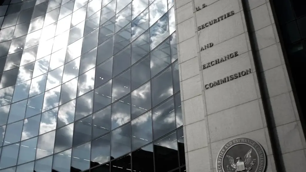 A close-up of the U.S. Securities and Exchange Commission headquarters, with the name and logo of the agency visible.