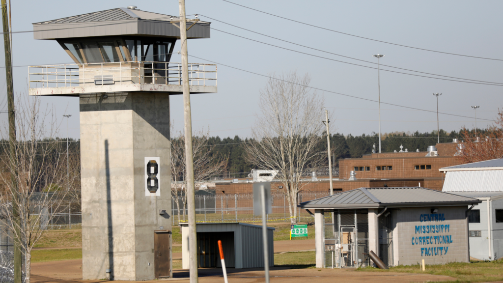 A watch tower stands high on the grounds of the Central Mississippi Correctional Facility.