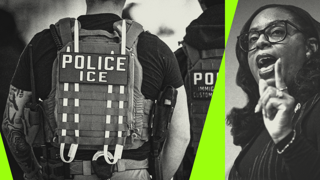 A diptych of two photos that show ICE agents from the back on the left, and a middle-aged Black woman with glasses on the right. The two are divided by slender green triangles.