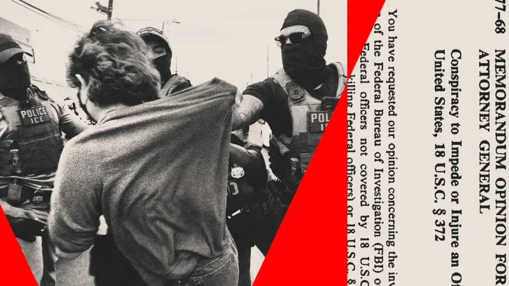 Collage featuring ICE officers grabbing a protester alongside a clipping from 18 U.S. Code § 372