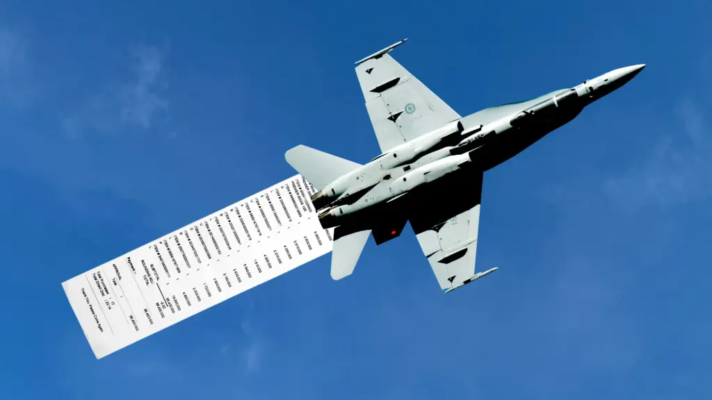 Photo illustration of a fighter jet in the sky; its jet stream has been replaced by a long receipt.
