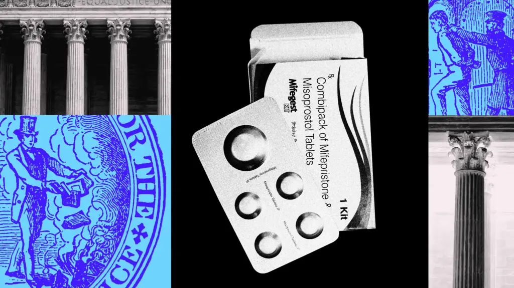Collage featuring Mifepristone tablets, the Supreme Courthouse and the symbol of Comstock's New York Society for the Suppression of Vice
