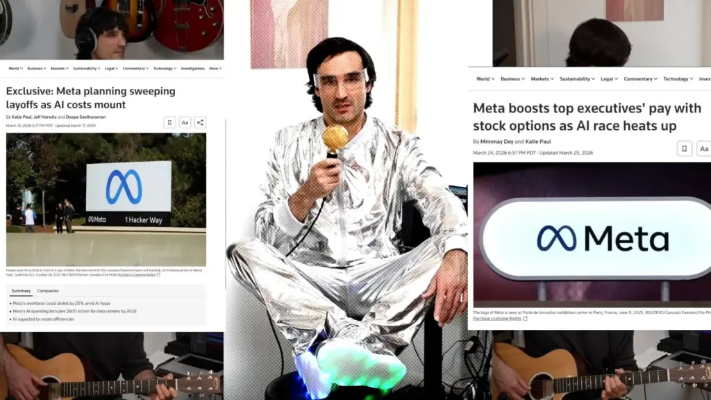 A man in a silver lamé suit surrounded by images of headlinees about Meta's layoffs and executive raises.