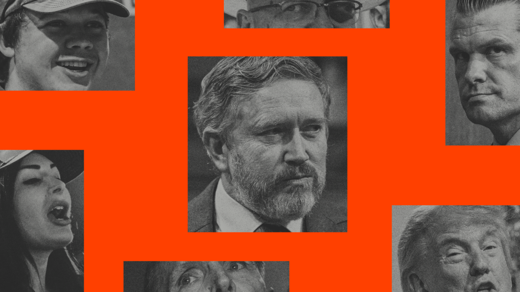 A photo collage of faces of the people weighing in on Kentucky's 4th Congressional District Republican primary. The faces of Laura Loomer, Kyle Rittenhouse, Donald Trump and Pete Hegseth, among others, surround the centrally placed image of Thomas Massie, a Caucasian man with wavy hair and a sallt-and-pepper beard.