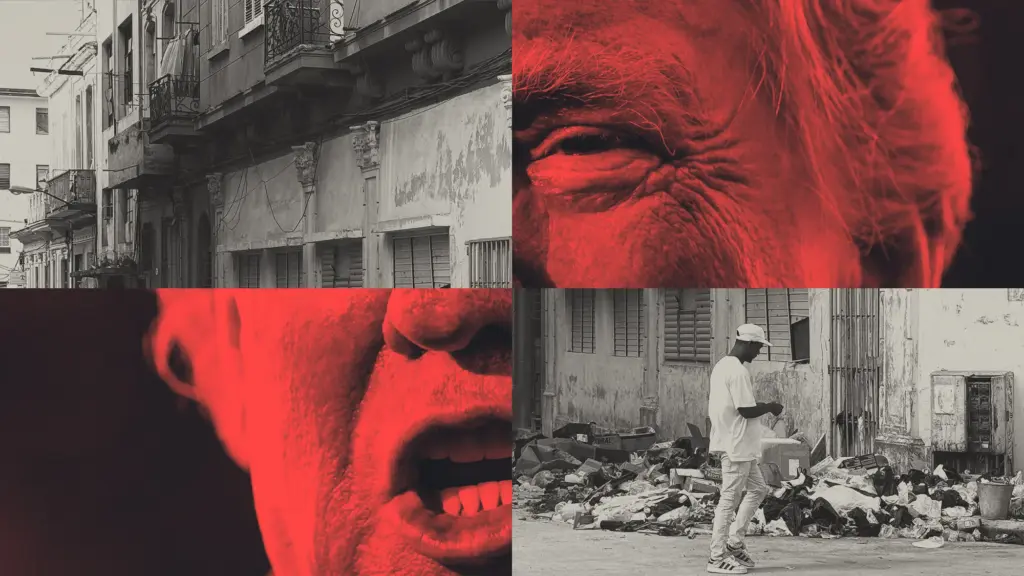Photo collage diptych featuring Donald Trump yelling and a scene from a street in Havana, Cuba, where a young man walks by piles of garbage.