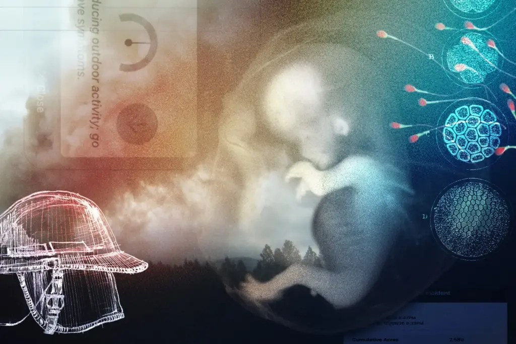 Image of smoke billowing from a landscape with various images like an embryo and cells superimposed on top of it.
