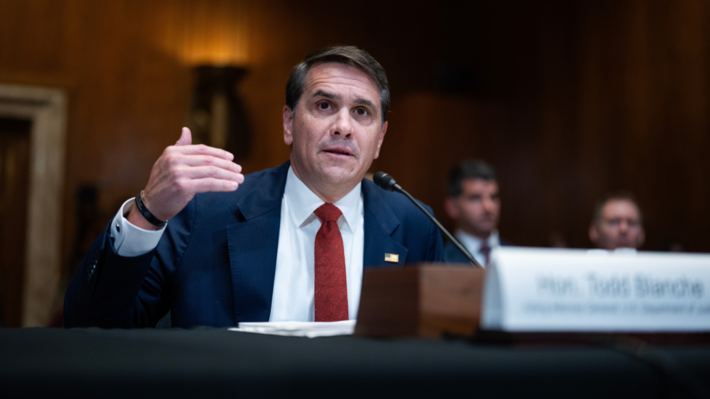 Todd Blanche is wearing a black suit and red tie. He is sitting and speaking into a microphone at a Senate hearing. He is raising his right hand at about chest level to emphasize his words.