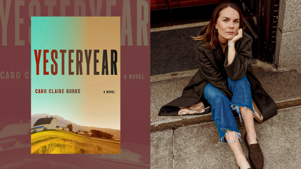 A diptych of the author and the book cover. On the left is the book cover, which reads