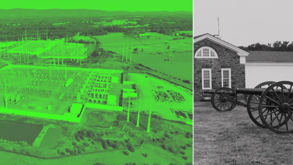 Photo collage featuring a large data center on the left with a green and gray gradient, and a sliver of a historic site with a brick building and cannon.