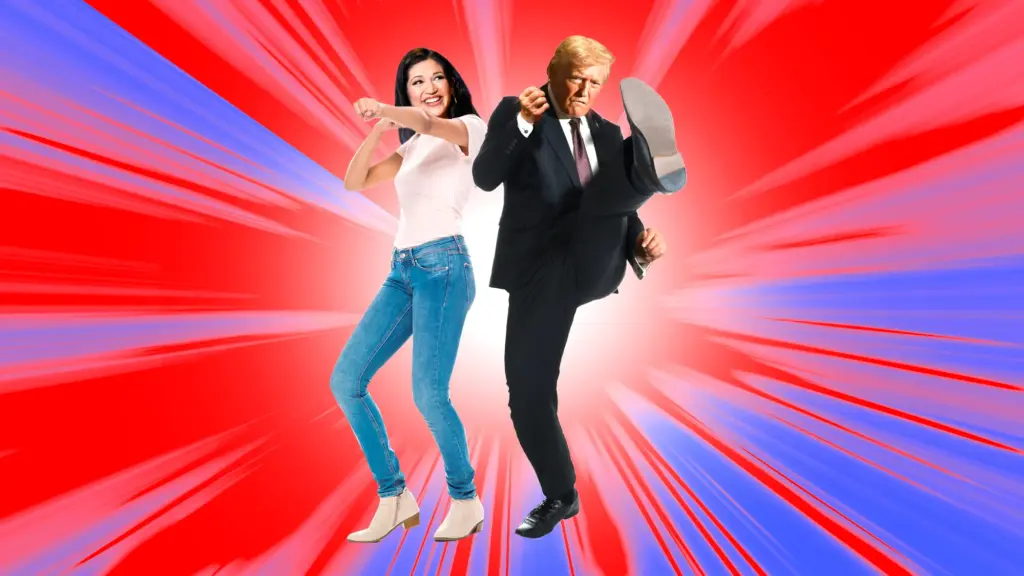 Photo illustration of Katie Miller posing in a fighting stance, smiling, next to Donald Trump who is doing a high karate kick in a suit.