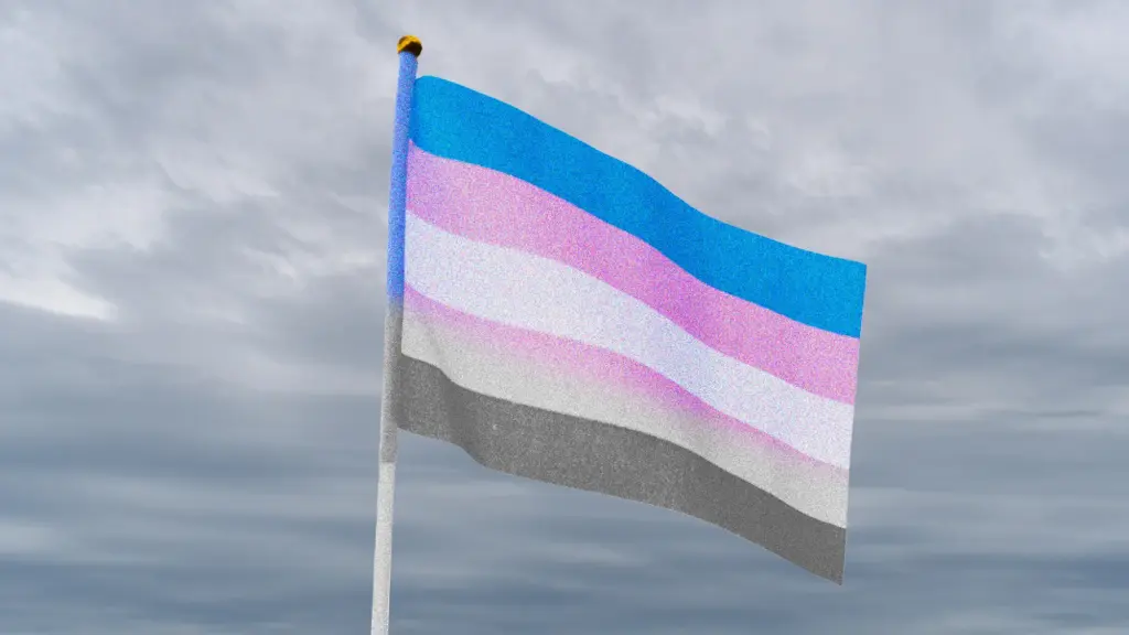 Photo illustration of the transgender pride flag, which is fading to gray, against a cloudy sky.
