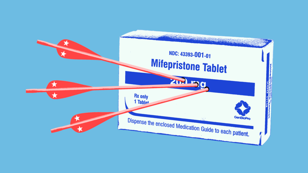 A photo illustration of a white and blue box containing an abortion pill being punctured by three red arrows.
