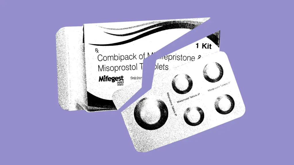 Conceptual illustration of a box and packet of Mifepristone pills split in half.