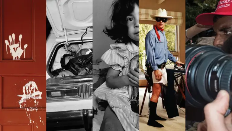 A sliver of five photos. From the left: white hand prints on a red door, a black-and-white photo of three people in the truck of a car, a black-and-white photo of a little girl in a dress, a man dressed like the lone ranger seen in his boxer shorts as he irons his pants, a close up of a man wearing a Make America Great Again hat as a camera lens obscures his face.