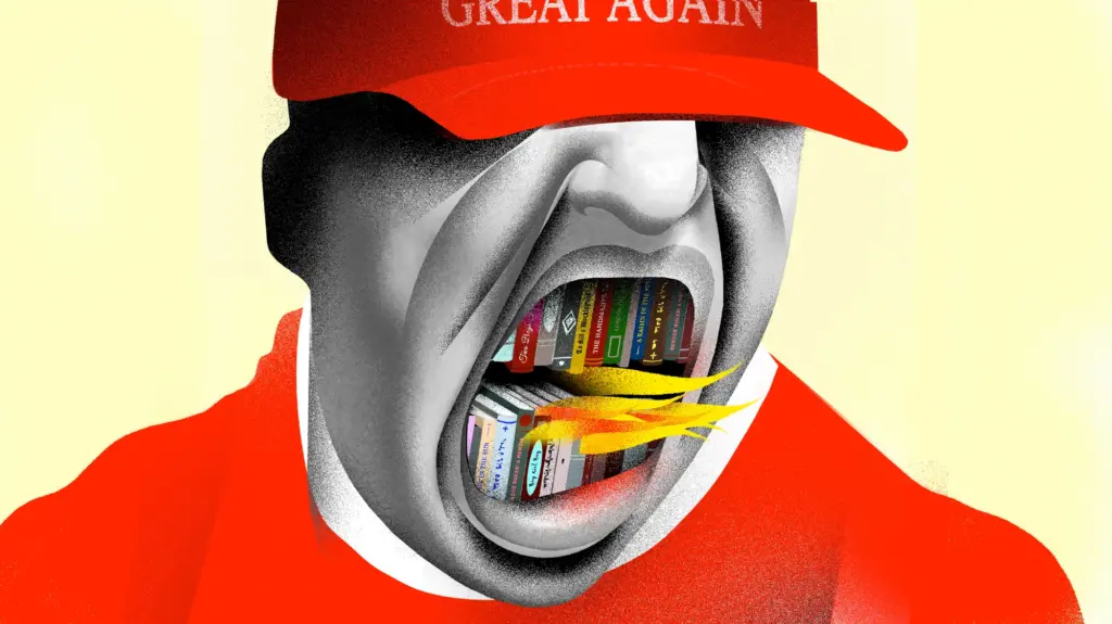 Illustration of a man in a red shirt and red hat with mouth wide open. Inside his mouth is two rows of burning books.