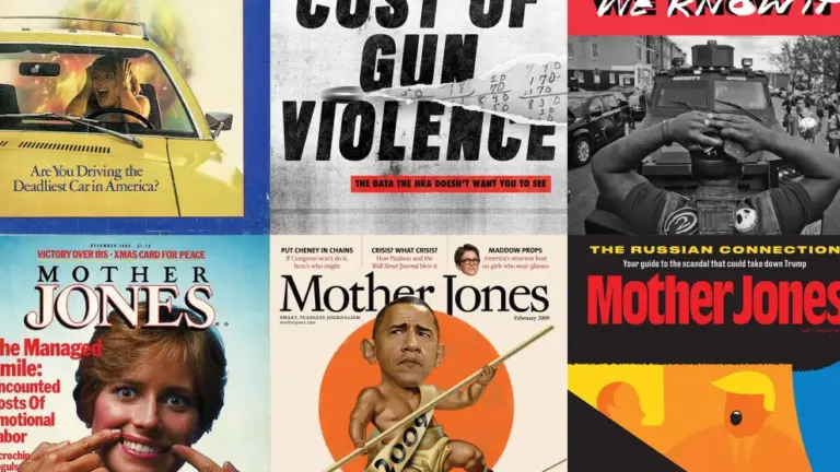 A grid of six Mother Jones covers from over the years. Among the cover topics are the Ford Pinto, cost of gun violence, Black Lives Matter protests, exasperation of women constantly being told to smile, Barack Obama's balancing act, and Donald Trump's alliance with Vladimir Putin.