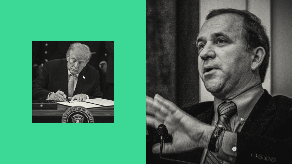 A diptych of two photos. On the left is a smaller black-and-white photo on a green background of Donald Trump in suit and tie signing a document. On the right, a black-and-white archive photo of late-middle-age man with dark hair in suit and tie gesturing with his hands as he speaks.