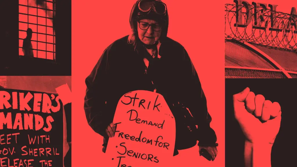 Collage featuring an older woman protestor holding a sign with strike demands, clippings of the Delaney Hall sign, and the silhouette of a detainee inside.