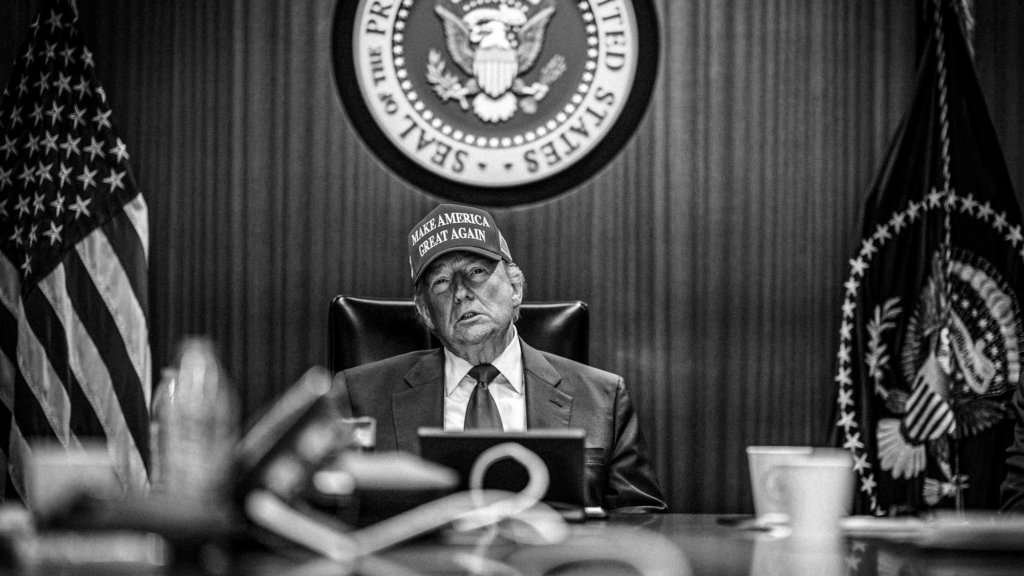 A black-and-white photo of President Donald Trump, wearing a MAGA hat, suit and tie as he sits in a big leather chair at a conference room table in the Situation Room of the White House. Behind him are the United States flag, the presidential flag and the presidential seal hung on the wall.