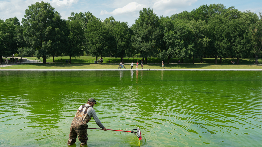 A man in waders stands in a green pool, pushing algae with a red broom.