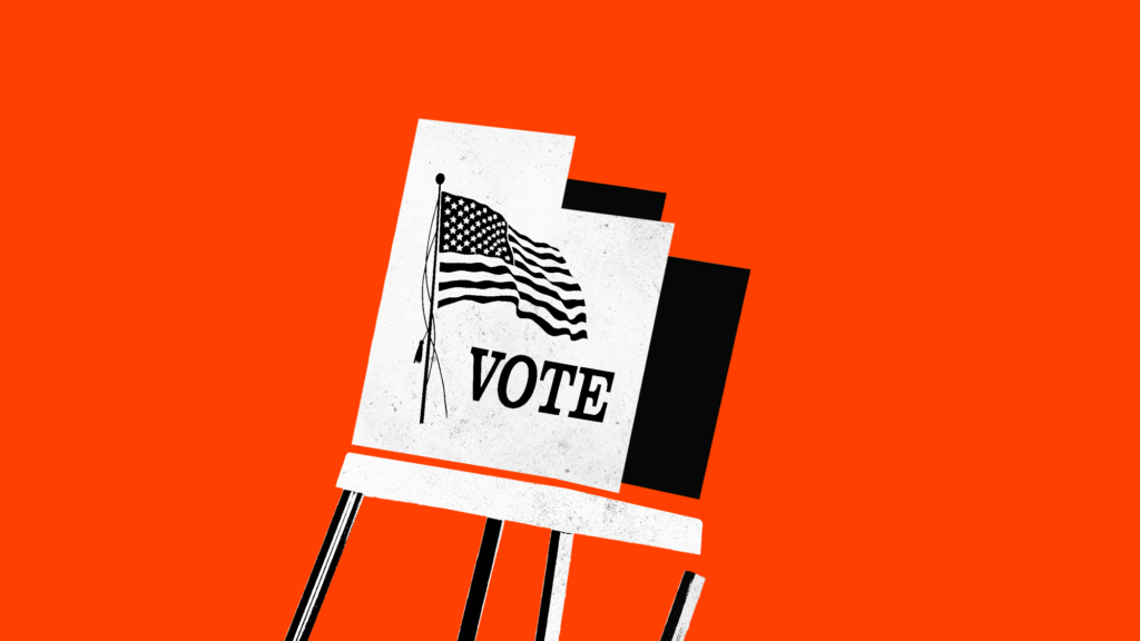 An illustration of a voting booth tipping over as one of the four legs comes loose. The sides of the booth are in the shape of the state of Utah. The booth is framed against a bright red background.