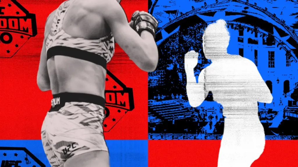 Conceptual collage featuring two women UFC fighters overlaid on a background of the White House Lawn octagon fighting arena and the UFC Freedom 250 logo; one of the female fighters is just a silhouette and the other has her back turned and her head is out of frame.