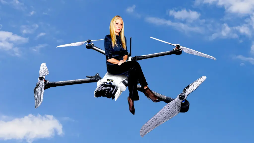 Conceptual illustration of Gwyneth Paltrow smiling as she sits perched atop a Bolt drone as it flies through the air amongst the clouds.
