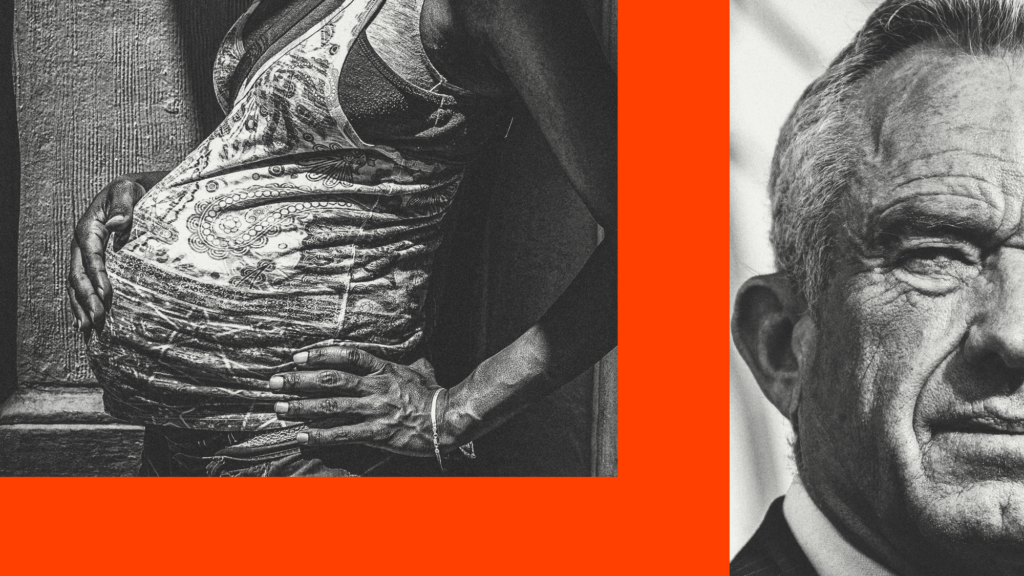 A pairing of two black-and-white photos on a red background. On the left, a black woman wearing a paisley-patterned top rests her right hand on her pregnant belly, her left hand on her hip. On the right, we see the right half of RFK Jr.'s face. In his image, we notice the deep crevices of his wrinkles and dark hair that's graying on the sides.