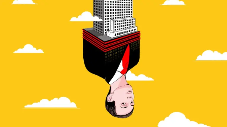 Illustration of Jared Kushner's torso tied to a skyscraper, both of which are dangling from a red rope amongst clouds.