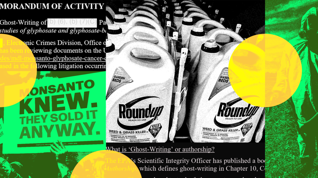 A collage of photos that show government documents, Roundup and a protester holding a sign that reads 