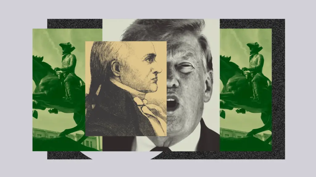 A photo collage that centers a closeup of Donald Trump in black and white apparently speaking. Overlaying his face on the left is a profile drawing of a man from the 18th century. On both the left and right of the photo of Trump are images of a statue of a man on a horse.