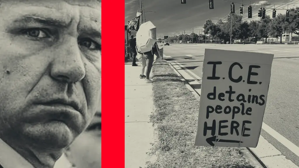 Photo collage featuring a close-up of Ron Desantis scowling on the left and protest signs against ICE detainment facilities on the right.