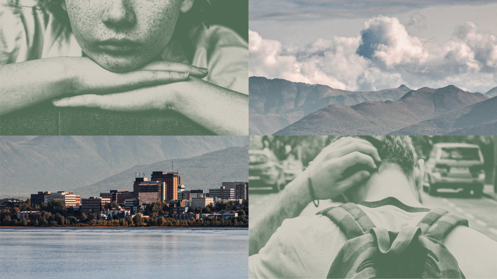 A quadriptych that shows a teen boy and teen girl in two of the panels and mountains behind the city of Anchorage in two other panels.