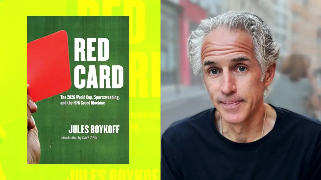 A diptych that features a blue book cover against a yellow background on the left, and a portrait of a middle-aged man on the right. The book cover features the Title