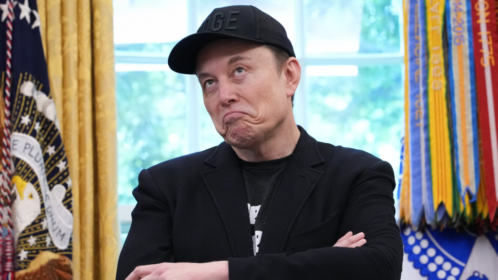 Elon Musk shrugs in a