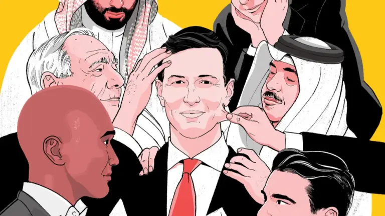 An illustration of Jared Kushner being prodded and coddled by a collection of foreign leaders, mostly from the Middle East.