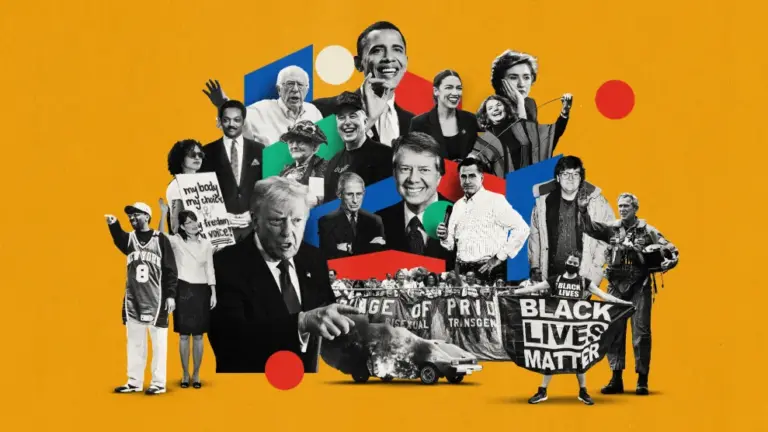 Collage of newsworthy people written about in Mother Jones magazine.