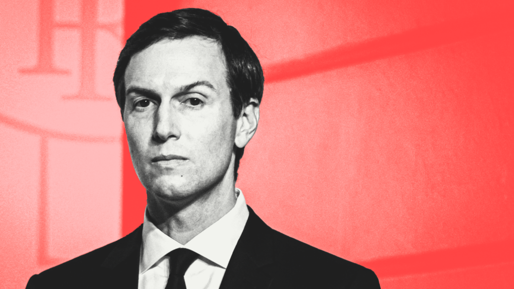A stylized photo of Jared Kushner, a middle-aged man with dark hair dressed in suit and tie. He's in black and white set against a red background.