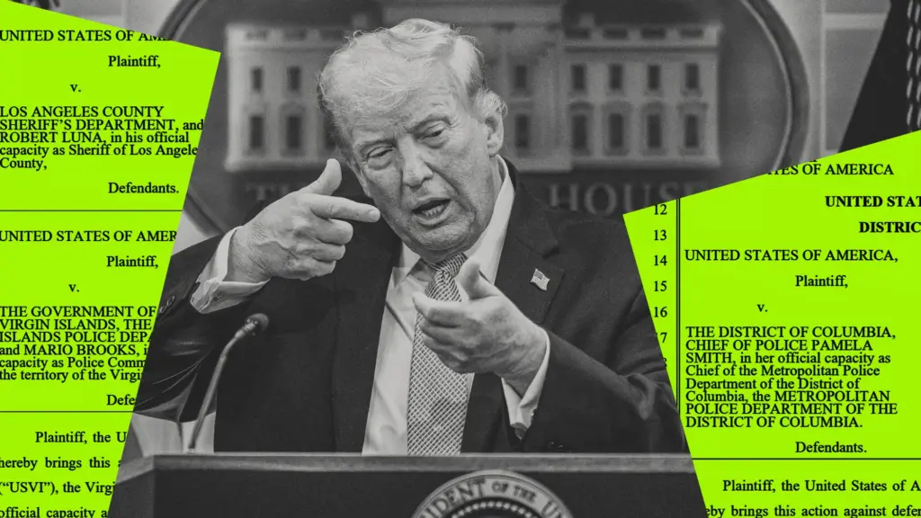 A photo illustration that centers a black-and-white photo of Donald Trump at a White House press briefing mimicking holding a firearm. Overlaying Trumps photo, on bot the left and the right, are slivers of court documents the United States has filed against such defendants as The District of Columbia, Los Angeles County and the Virgin Islands.