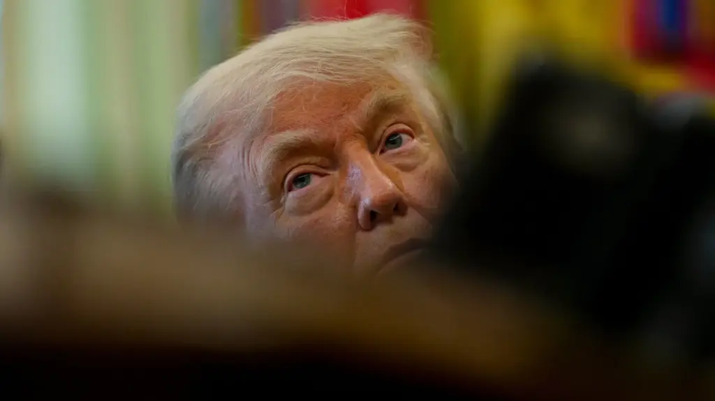 Donald Trump, with some shadows or obstructions in the foreground
