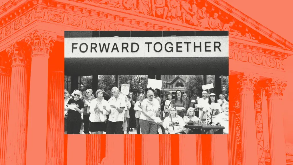 Photo collage featuring a treated image of the Supreme Courthouse overlaid with a shot of pro-immigration protestors singing together.