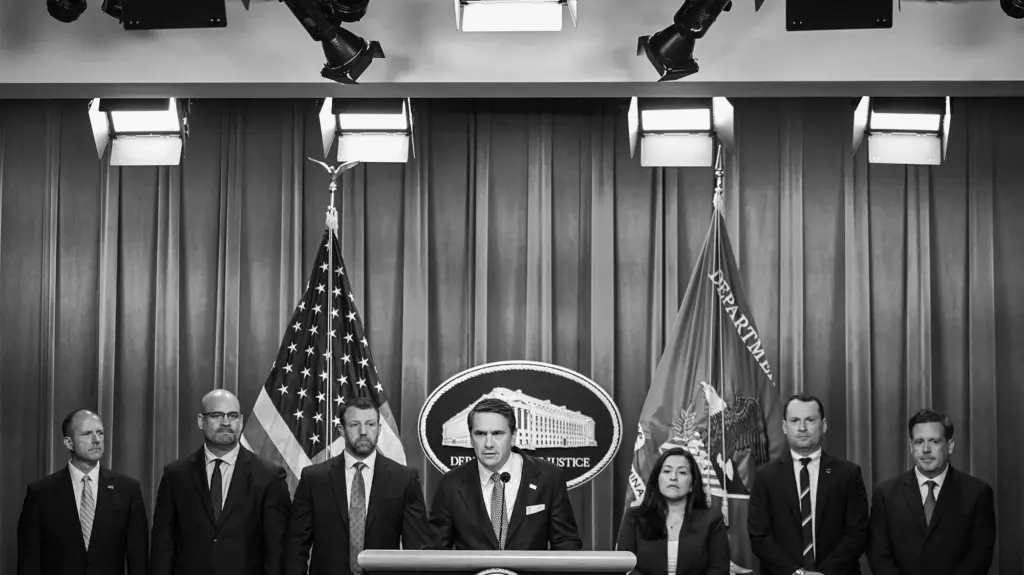A black and white photograph showing seven individuals standing in a row behind a central podium against a draped curtain backdrop. In the center, a man stands at the podium speaking into a microphone. Three men stand to his left, and one woman and two men stand to his right; all are dressed in professional suits and business attire, looking forward with neutral expressions. Behind the speaker, a circular wall seal features an illustration of a building and the text 