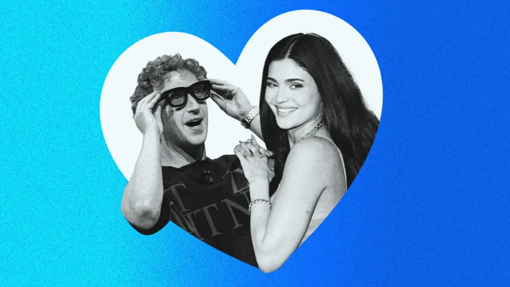 Photo collage featuring Mark Zuckerburg wearing Meta Ray-Ban sunglasses and Kylie Jenner smiling and leaning on his shoulder, inside of a heart shape on a gradient background.