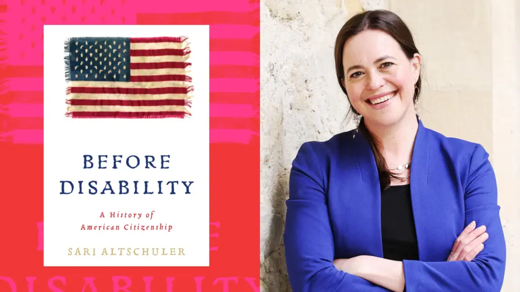 A diptych that features a book cover against a pink background on the left, and a portrait of a middle-aged woman on the right. The book cover features the Title
